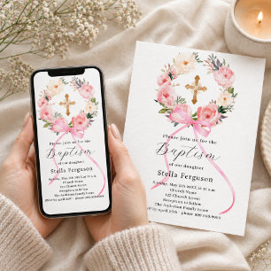 Invitation Couronne florale rose enrubannée croix fille baptê