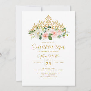 Invitation Couronne florale rose or Quinceanera