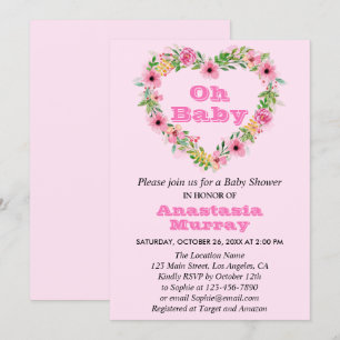 Invitation Couronne florale rose pastel pour Baby Shower prin