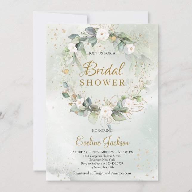 Invitation Couronne florale roses blanches verdure eucalyptus (Devant)