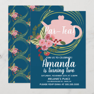 Invitation Couronne florale Tea Party rose rouge bleu caprici