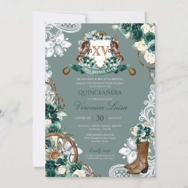 Invitation Couronne florale verte émeraude Charro Quinceanera (Devant)