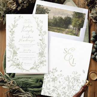 Invitation Couronne florale verte vintage Bohème Chic mariage