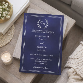 Invitation Couronne monogramme bleu marine simple mariage