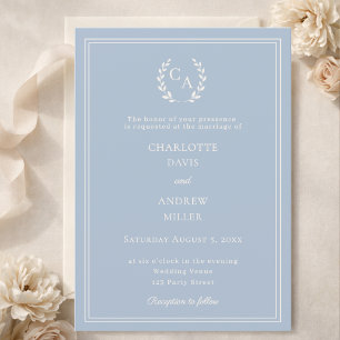 Invitation Couronne monogramme simple mariage bleu poussiéreu