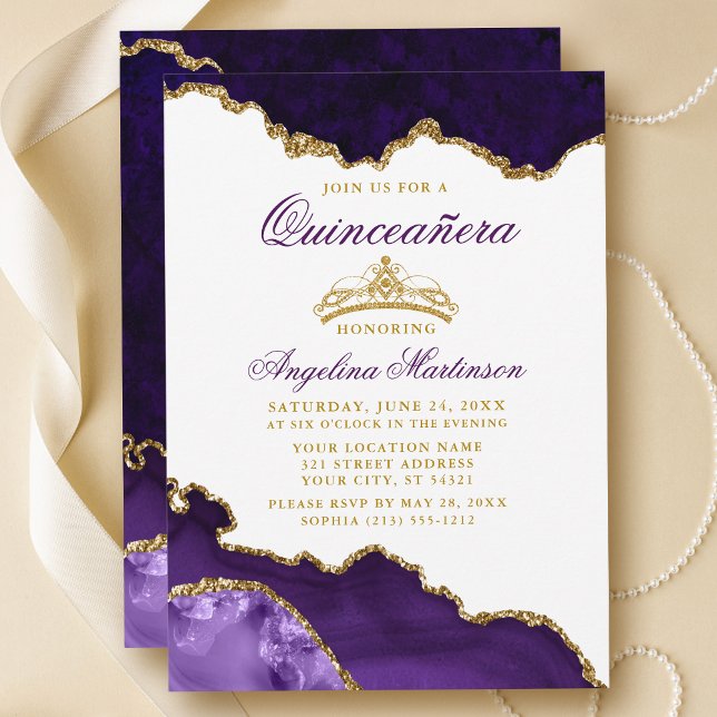 Invitation Couronne or en marbre pourpre Quinceanera (Customize to change text size, text color or text style.)