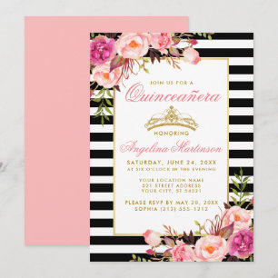 Invitation Couronne or Quinceanera rayé rose floral