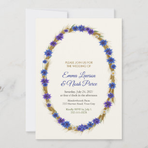 Invitation Couronne ovale de bleuet et de blé doré pour maria