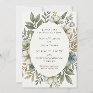 Invitation Couronne ovale florale en ivoire pour mariage aqua