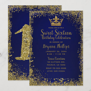 Invitation Couronne pailletée bleu royal et or pour une fête 