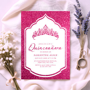 Invitation Couronne Pailletée Rose Chaud Miss Quince Quincean