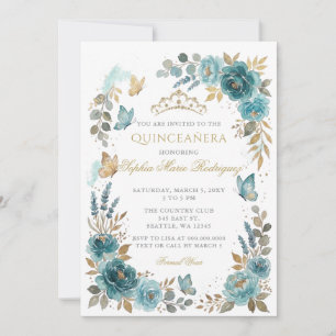 Invitation Couronne papillon floral sarcelle or Quinceañera