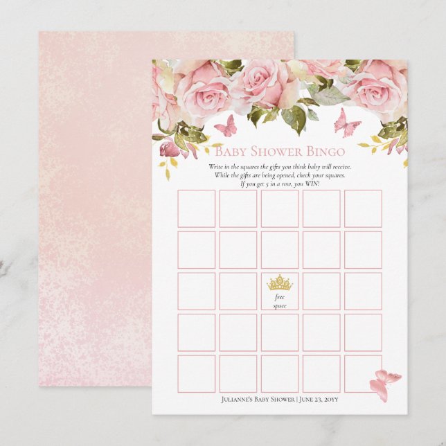 Invitation Couronne | Papillons Floral Baby shower Bingo Card (Devant / Derrière)
