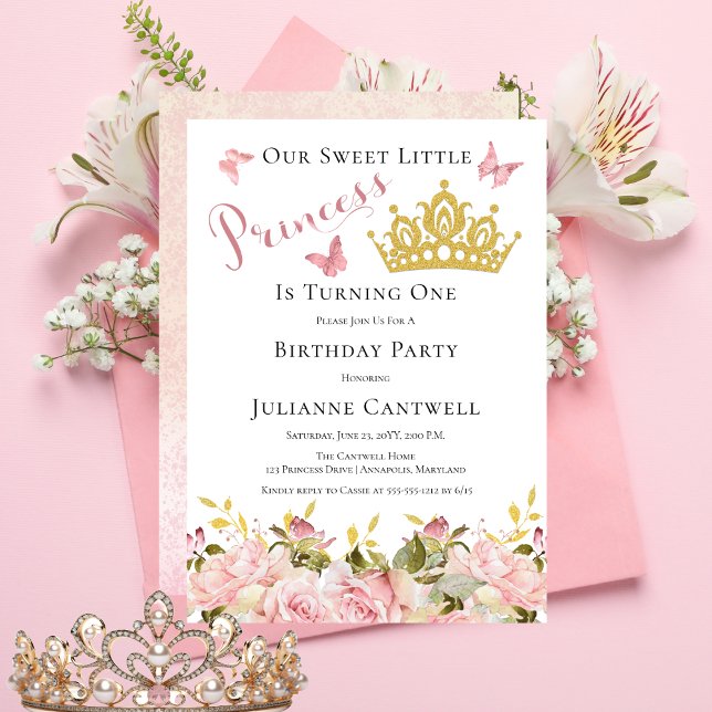 Invitation Couronne | Papillons Floral Princess 1er anniversa ("Princess" Pink Rose Floral | Butterflies | Gold Crown Girl's 1st Birthday Party Invitation)