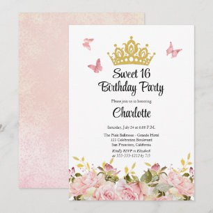Invitation Couronne Papillons rose Floral Sweet 16 Annivers