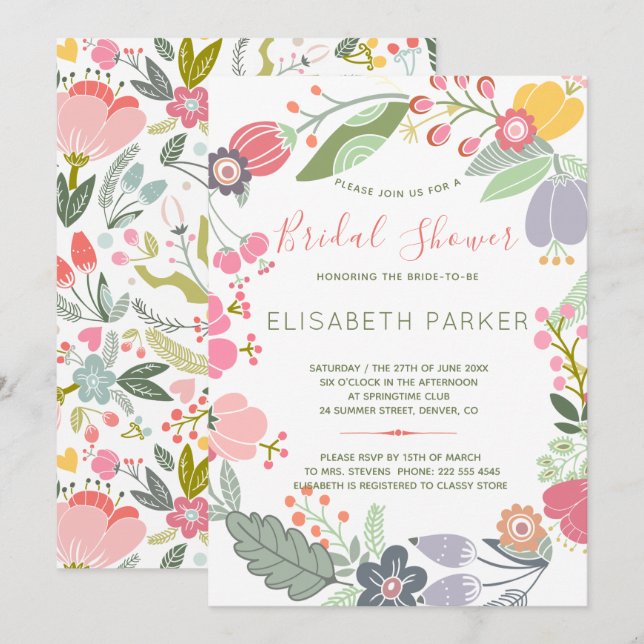 Invitation Couronne pastel de fleurs de prairie douche nuptia (Devant / Derrière)