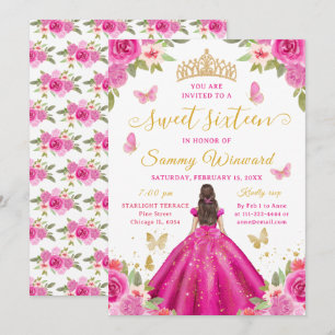 Invitation Couronne Princesse Sweet Sixteen Fleurs Rose Chaud