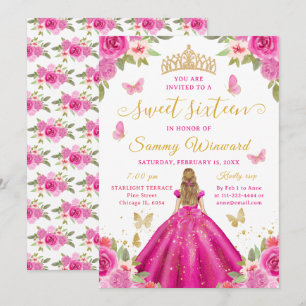 Invitation Couronne Princesse Sweet Sixteen Fleurs Rose Chaud