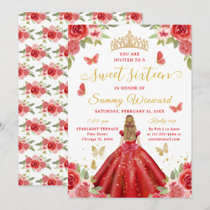 Invitation Couronne Princesse Sweet Sixteen Rouge Fleurs Or