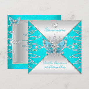 Invitation Couronne Quinceanera 15ème Bleu Sarcelle Papillon 