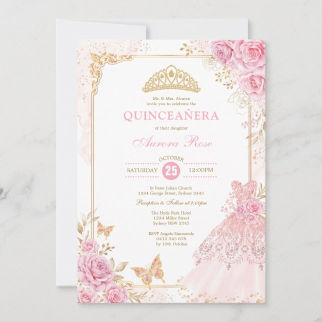 Invitation Couronne rose et or Florale Princesse Quinceañera (Devant)
