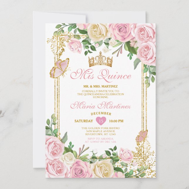 Invitation Couronne Rose Pâle Douce Fille Quinceañera 15 Fête (Devant)