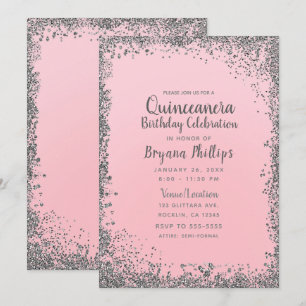 Invitation Couronne Rose Pâle et Argent Pailleté pour Quincea