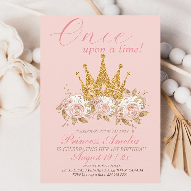 Invitation Couronne rose rose rose princesse 1er anniversaire (Créateur téléchargé)