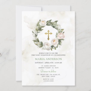 Invitation Couronne Rose Verdure Première Communion sainte