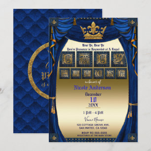Invitation Couronne Royale Bleue et Or Fête Prénatale du Prin