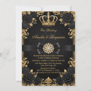Invitation Couronne Royale de Mariage Elégant en Or Noir