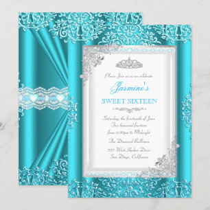 Invitation Couronne Sweet 16 Bleu Turquoise Argent Broderie D
