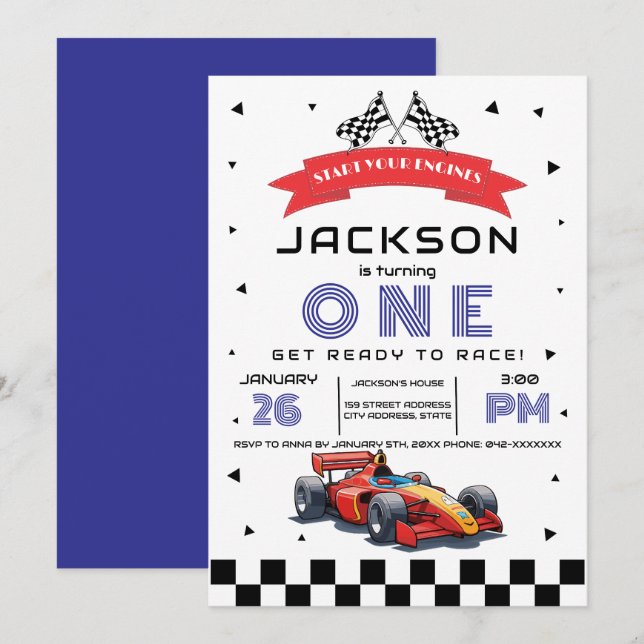 Invitation Course Bleue Voiture Sur Tout Âge Anniversaire Fêt (Devant / Derrière)