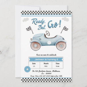 Invitation Course Car bleu vintage prêt prêt aller 2e anniver