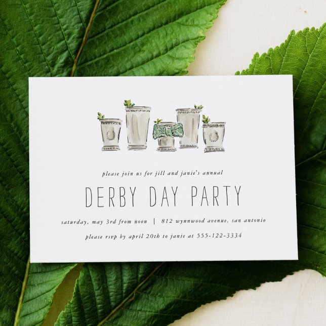 Invitation Course de chevaux de Mint Julep Derby Day Party Ho (Derby Day party invitation card featuring watercolor mint juleps.)