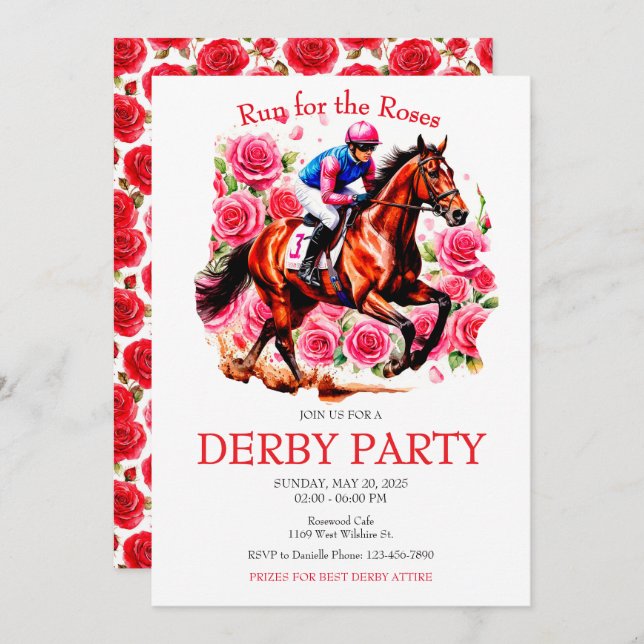 Invitation Course pour l'Invitation Rose Horse Derby Party (Devant / Derrière)
