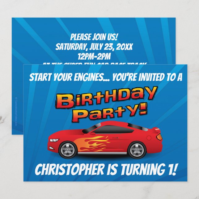 Invitation Course Red Race Car Flames Boy's Birthday Party (Devant / Derrière)