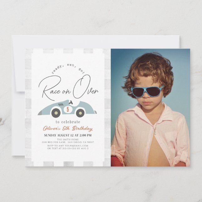 Invitation Course sur Blue Race Car Boy Photo Anniversaire (Devant)