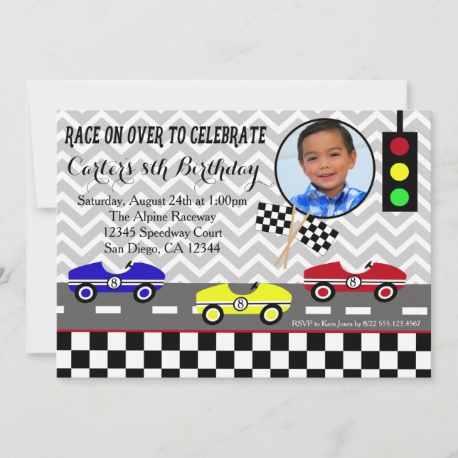 Invitation course voiture racecar garçon anniversaire invitat (Devant)