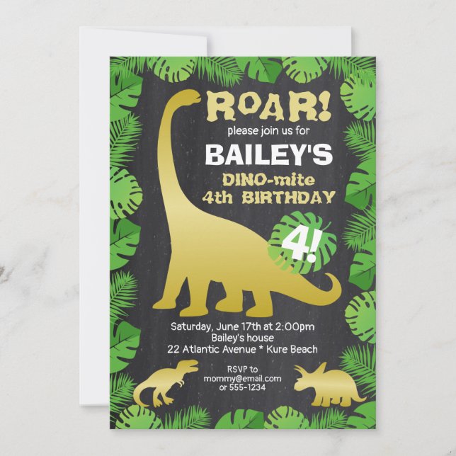 Invitation Coute Dinosaur Gold Tropical Chalkboard Anniversai (Devant)