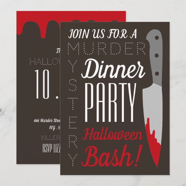 Invitation Couteau sanglant, Meurtre Mystère Fête d'Halloween (Devant / Derrière)