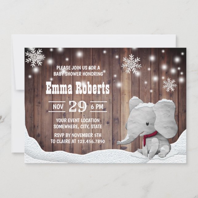 Invitation Couteaux de neige Eléphant Cute Baby shower d'hive (Devant)