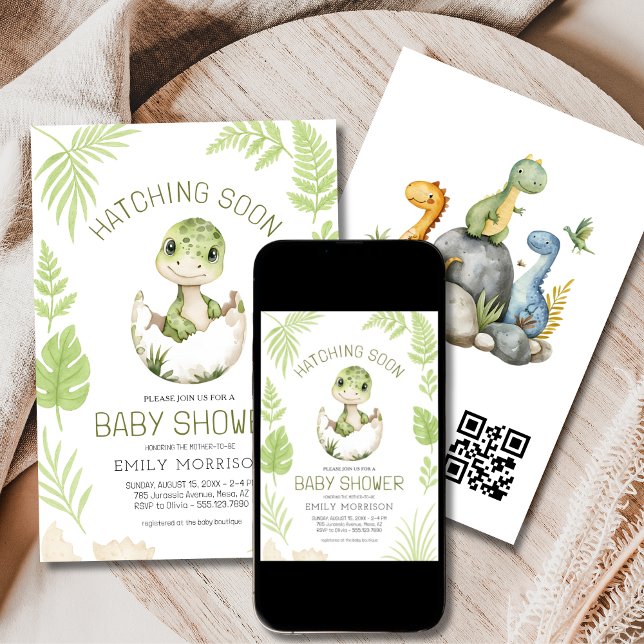 Invitation Coutume Dinosaure Hatching Bientôt QR Code Baby sh (Créateur téléchargé)