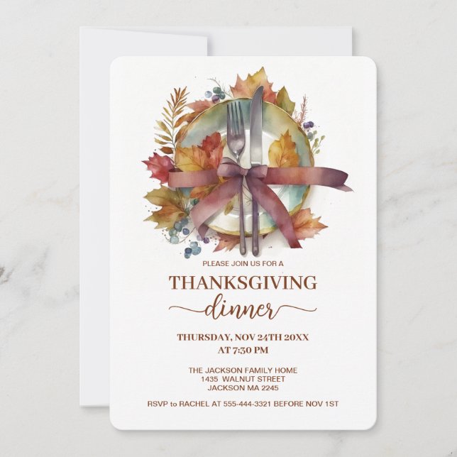 Invitation Couvert de table d'automne à l'aquarelle dîner de  (Devant)