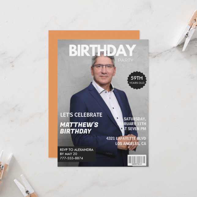 Invitation Couverture de magazine moderne pour lui 59e annive (Devant/Arrière en situation)