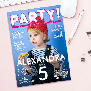 Invitation Couverture de magazine rose amusante pour enfants,