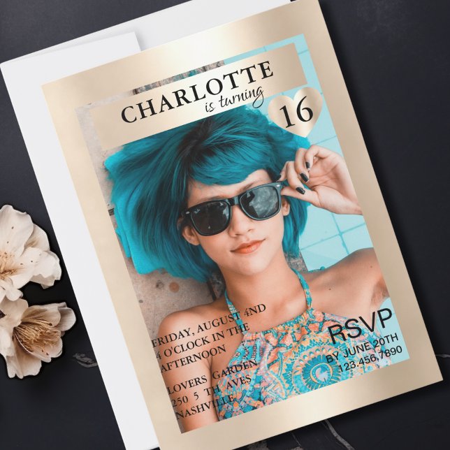 Invitation Couverture de magazine Trendy Gold inspirée (Trendy Gold Magazine Cover-Photo Inspired Invitation)