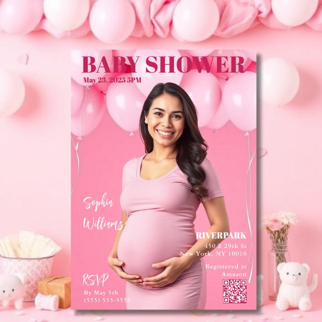 Invitation Couverture du magazine baby shower (Baby Shower Magazine Cover Invitation Pink with balloons)