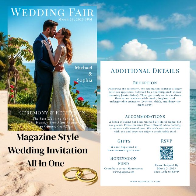 Invitation Couverture du magazine de mariage de plage (Beach Wedding Magazine Cover Invitation All in One)