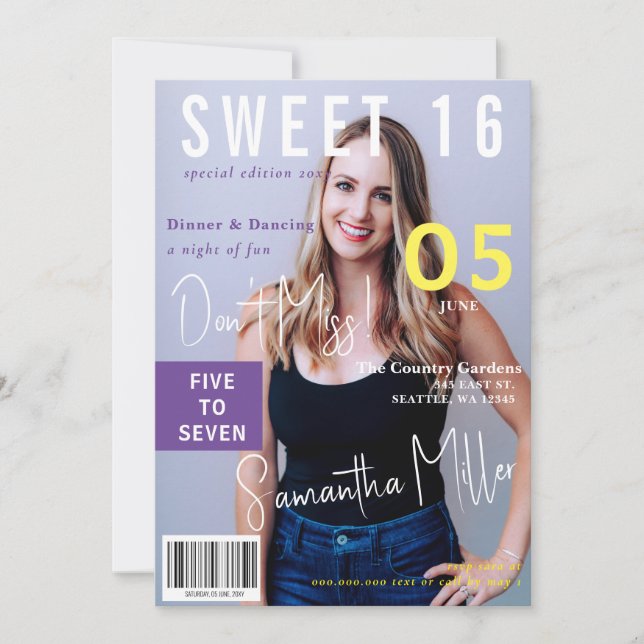 Invitation Couverture Magazine moderne 2 Photos Sweet 16 (Devant)